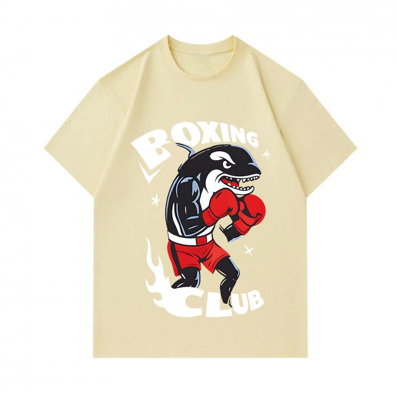 Men's 100% Cotton Crew Neck Short Sleeve T-Shirt, Funny Orca Killer Whale Boxing Club Cartoon Print Casual Comfortable Tee Top for Daily Wear