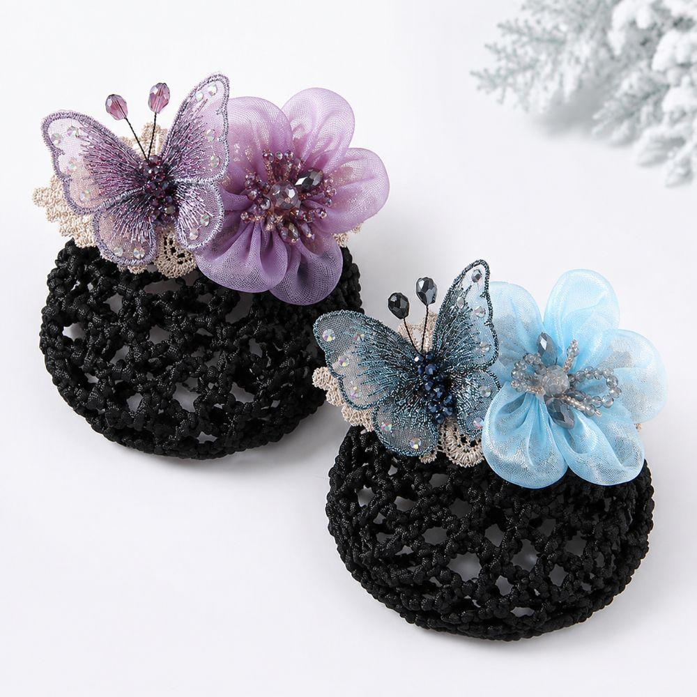 Butterfly Flower Hair Bun Net Rhinestone Beads Decor Office Hair Flower Office Professional