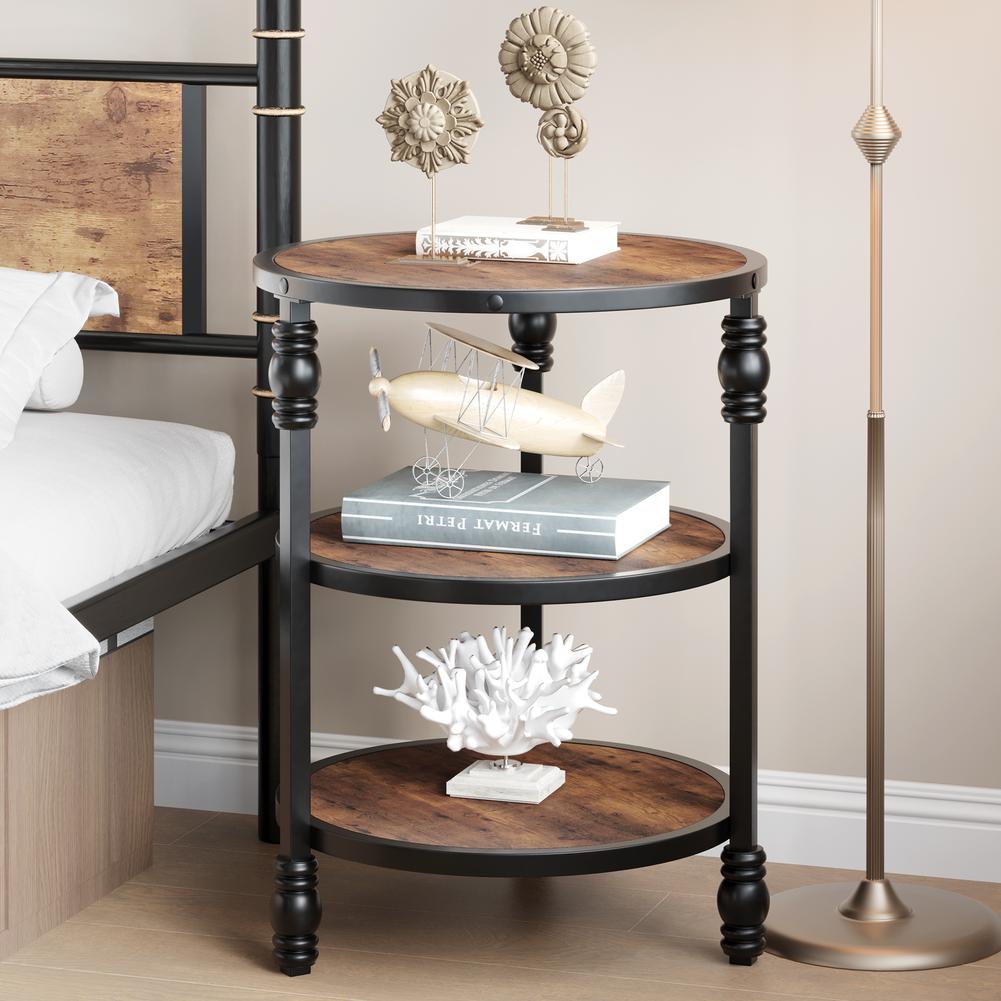 3-уровневый круглый приставной столик с полкой для хранения вещей и металлическим прикроватным столиком из дерева для небольших спален
