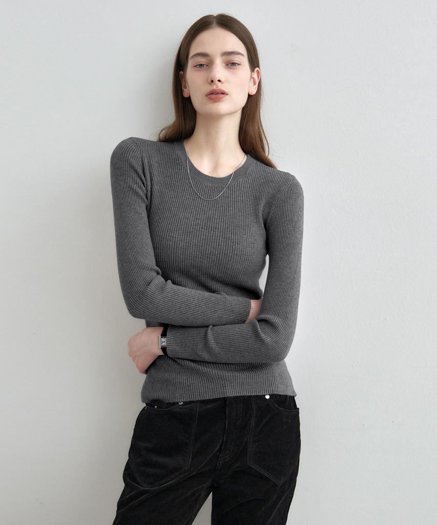 MONGDOL Round Neck Ribbed Knit Mdkt062_5 Colors
