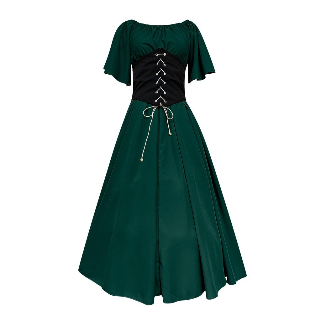 Women's Round Neck Dress Flare Sleeve Off Shoulder Medieval Vintage Dresses with Corset Patchwork Ball Gown