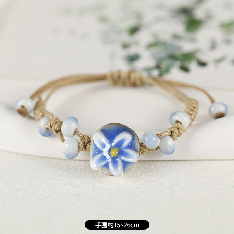 Retro Ceramic Flower Woven Bracelet Niche Literary Hand Rope Small Fresh Bell Bracelet Female