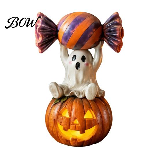 Halloween Party Supplies Ghost Figurine, Cute Sitting on Pumpkin Holding Candy Whimsical Statue Statue, Spooky Resin Table Ornament for Indoor Mantle