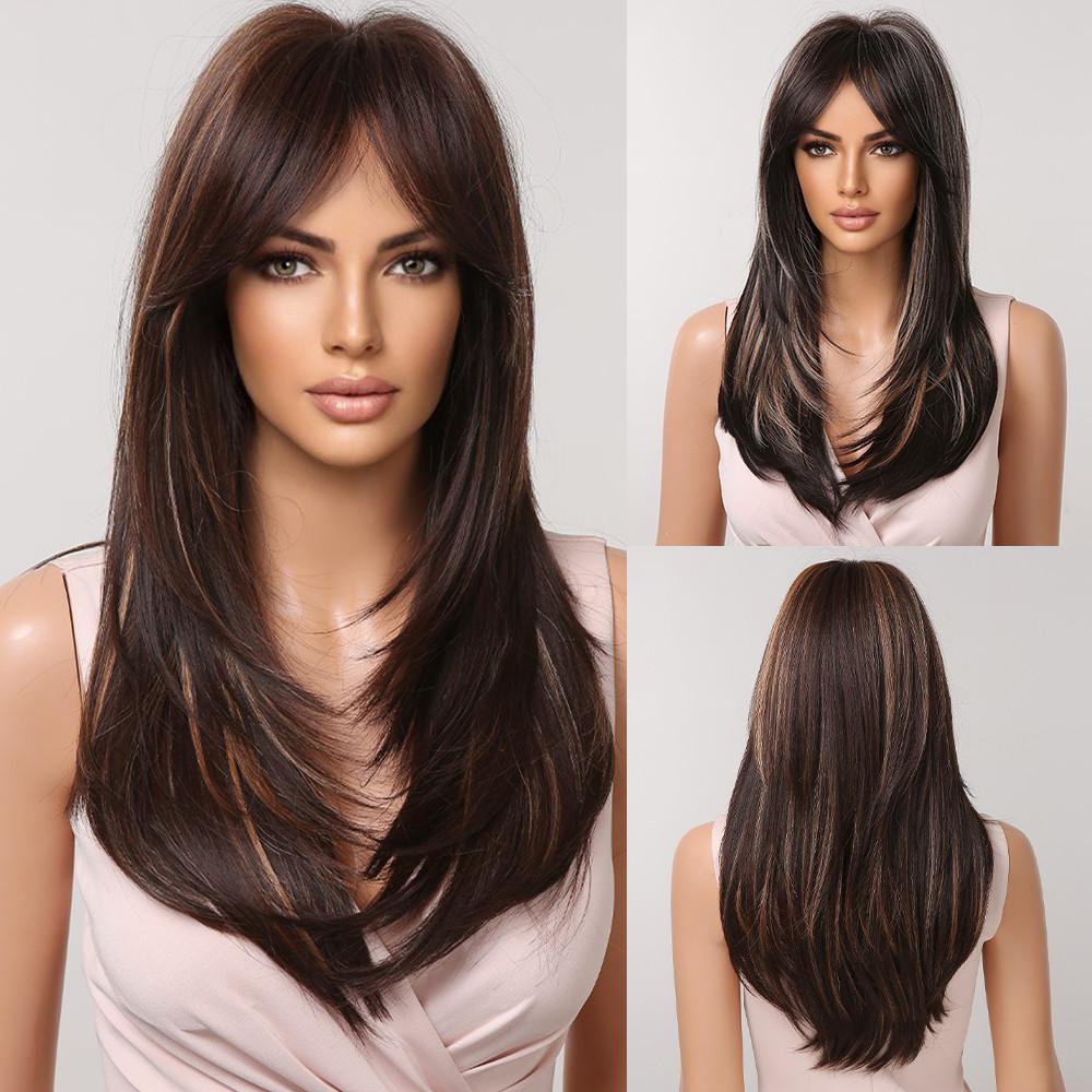 HAIRCUBE Длинный волнистый парик от коричневого до светло-желтого цвета для женщин, многослойный синтетический парик с челкой, натуральное термостойкое волокно для рождественской вечеринки