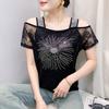 Летняя новая сексуальная кружевная футболка с открытыми плечами для женщин, блестящие горячие бриллианты, футболки с коротким рукавом, элегантные повседневные пуловеры для леди