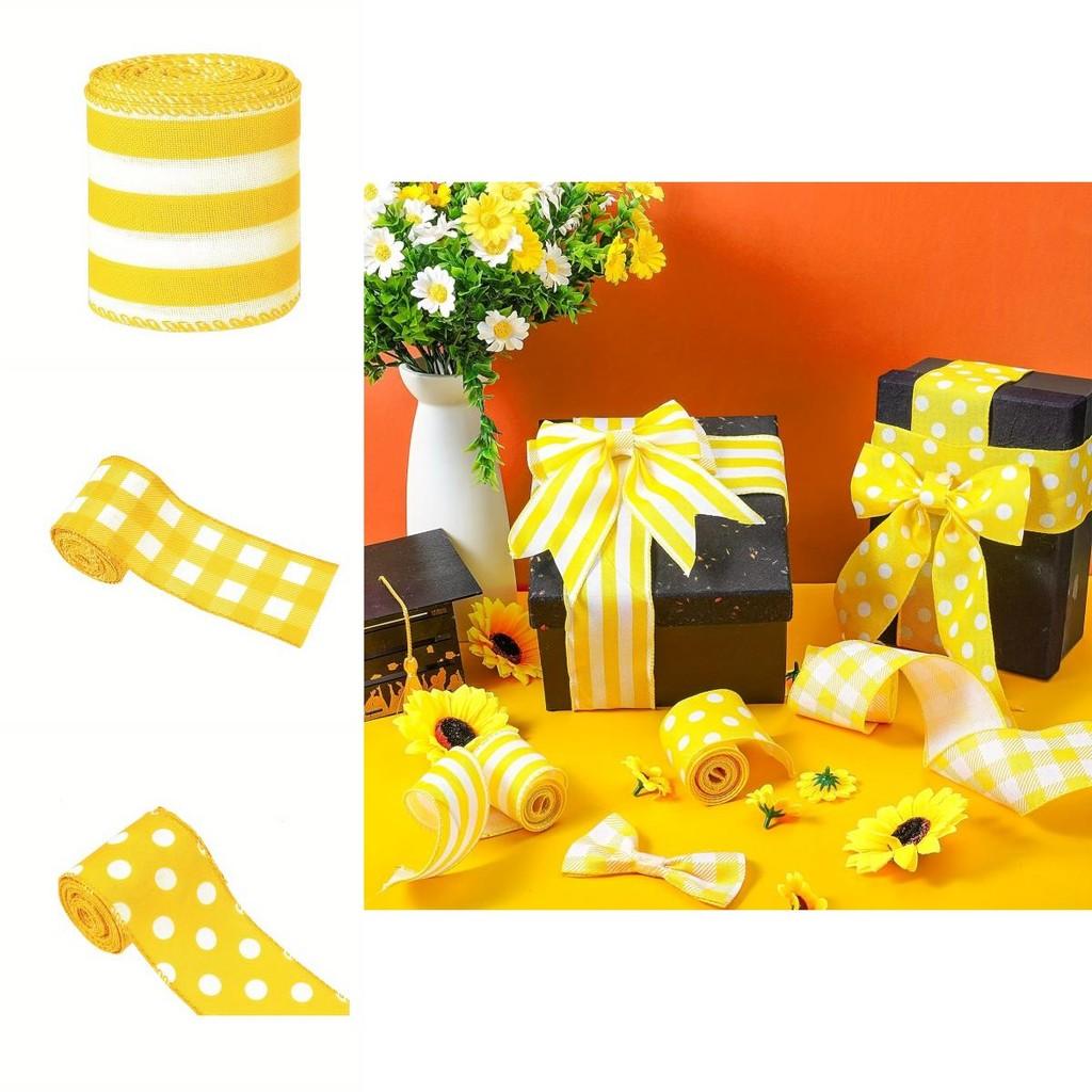Charming Bee Festival Yellow Gingham Dot And Stripe Burlap Ribbon For Event Decoration And Gift Wrapping