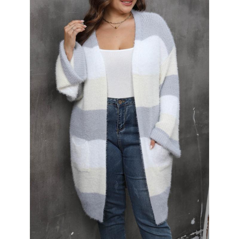 Женский свитер большого размера в полоску с двойным карманом и контрастными цветами, осенне-зимний
