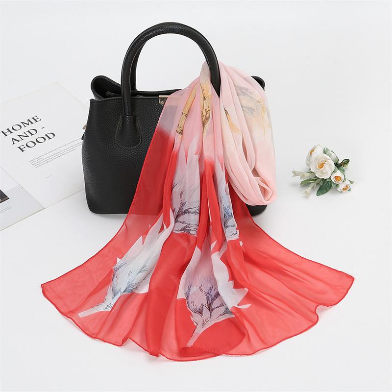 Scarves Natural Style Spring and Autumn Printed Flowers and Birds Rectangle Sun Protection Chiffon Scarf