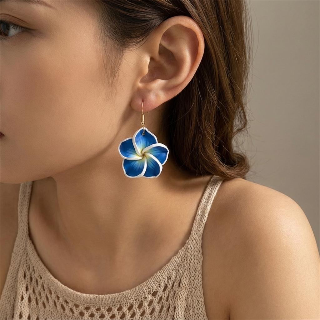 Boho Hawaiian Plumeria Earrings for Women White Pink Polymer Clay Flower Drop Dangle Earrings Summer Beach Vacation Jewelry Gift