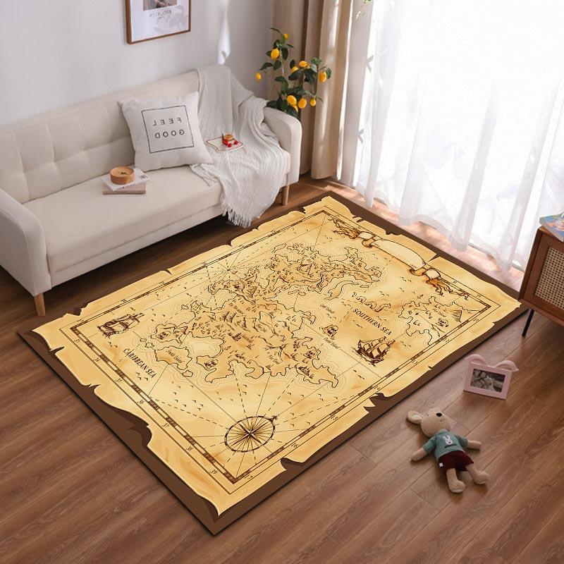 Vintage World Map Print Carpet for Living Room, Antique Style Décor Rug Suitable for use as an anti-slip for living room bedroom sofas