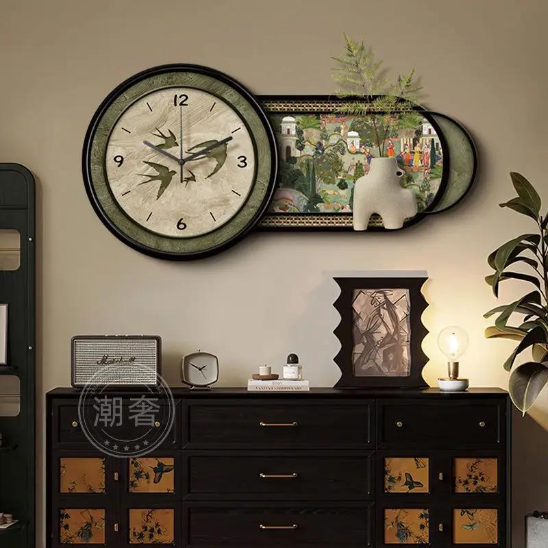 Chinese Retro Home Decor Wall Clock Living Room Decoration Three-dimensional Sandstone Decorative Painting Wall Clock