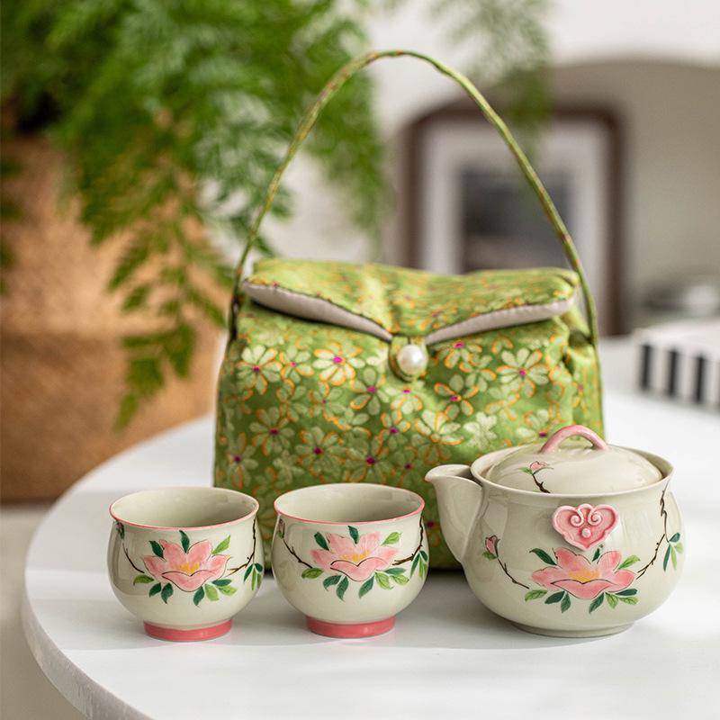 Hand-Painted Ceramic Travel Tea Set: 1 Pot & 2 Cups with Hand-Grip for Outdoor Tea Drinking