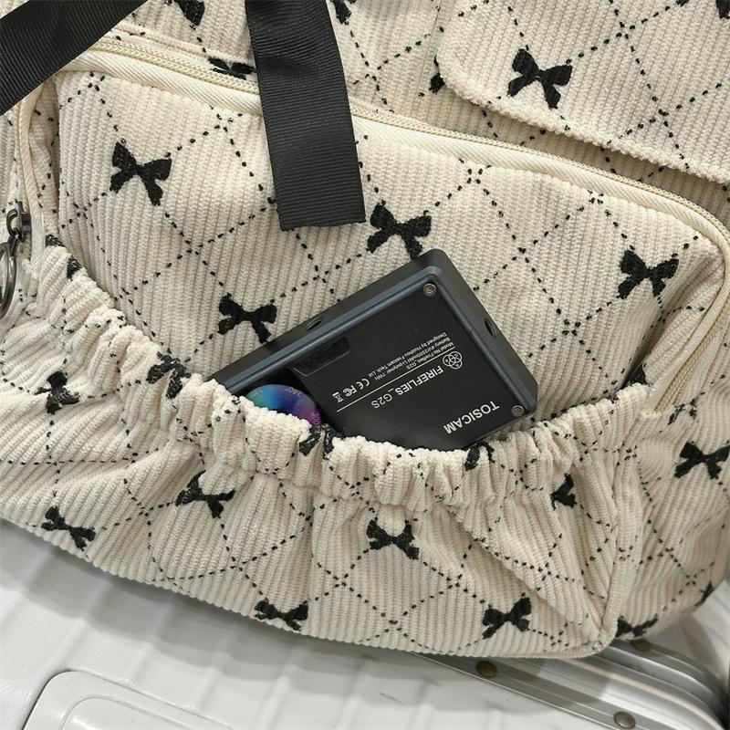 Вельветовый рюкзак большой вместимости с принтом бантика, студенческий школьный рюкзак