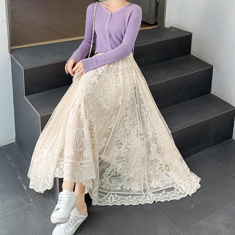 Кружевная женская милая черно-белая плиссированная длинная макси-юбка с высокой талией