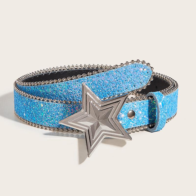 Женский ремень с пряжкой в виде звезды Y2K Luxury Bling Sequin Punk Metal Buckle Waist belt Shiny Pu Leather Belt Jeans