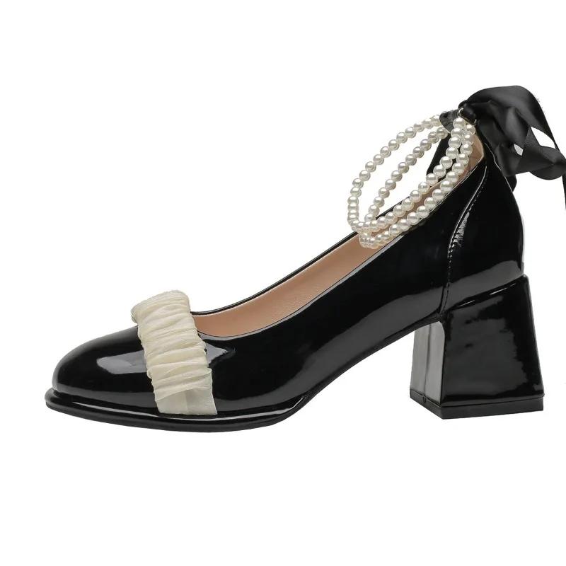 НОВЫЕ французские туфли Мэри Джейн, женские осенние модные туфли с бантом на высоком каблуке, жемчужные толстые каблуки, кожаные туфли с неглубоким носком, женские туфли