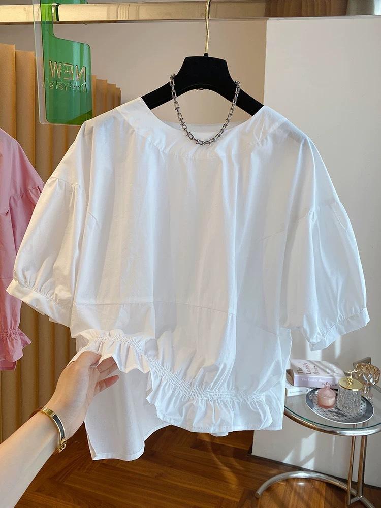 1116 Summer New Loose Pullover Waist Crew Neck Shirt Women's Short Sleeve Bubble Sleeve Short Doll Shirt Top