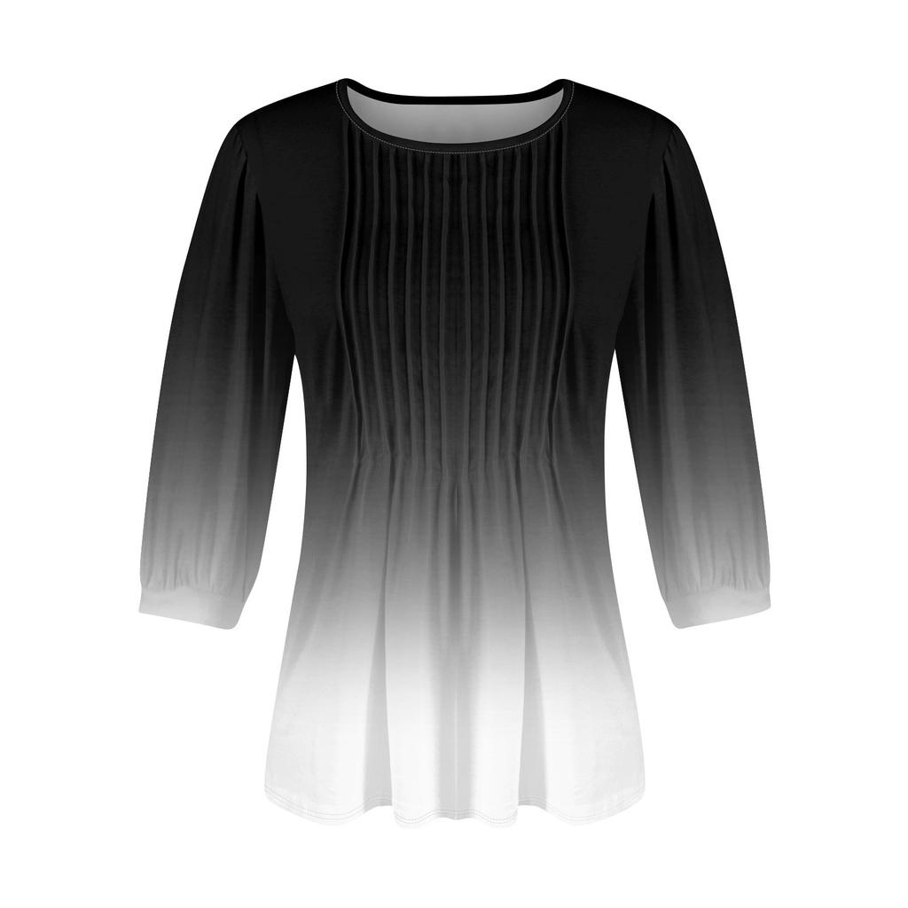 Женские туники с пышными рукавами 3/4, топы, плиссированные блузки с воротником, повседневные свободные весенне-летние футболки