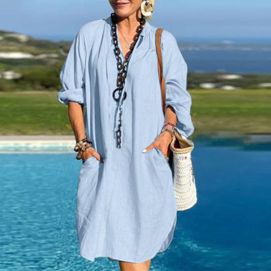 Хлопково-льняное платье для женщин Бохо Повседневное Пляжное Летнее платье с длинным рукавом V-образным вырезом Свободное платье