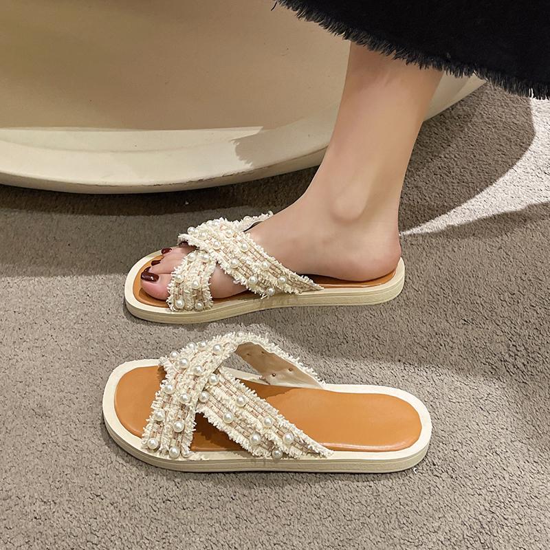 Summer Women's Pearl Flat One-shaped Sandals Slippers Home Casual Round Toe Cross Sandals Summer Women's Slippers Size 35-40