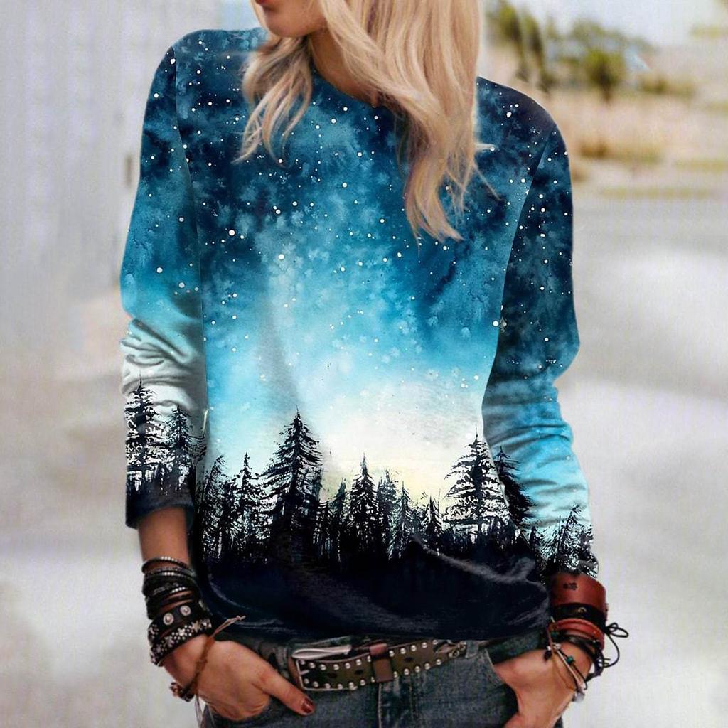 Women Autumn Tops Loose Cat Beautiful Forest Print Causal Long Sleeve T-shirt Top Blouse