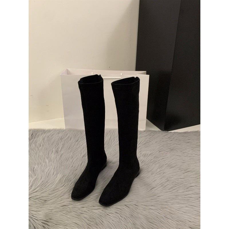 Замшевые тонкие длинные сапоги с толстым каблуком и острым носком, женская обувь 2024 года, новая осенне-зимняя версия, длинные сапоги в корейском стиле, средние сапоги-трубы в стиле рыцарь