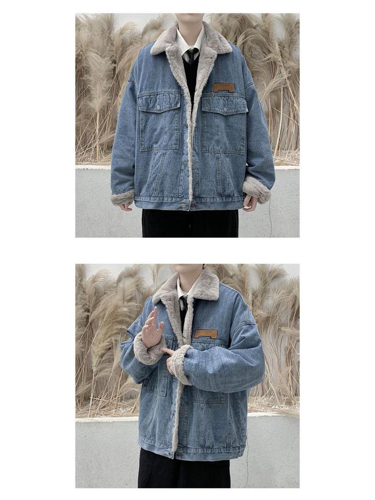 Мужская джинсовая куртка на флисовой подкладке: Японский ретро, Осень/Зима 2025, с подкладкой из овечьей шерсти