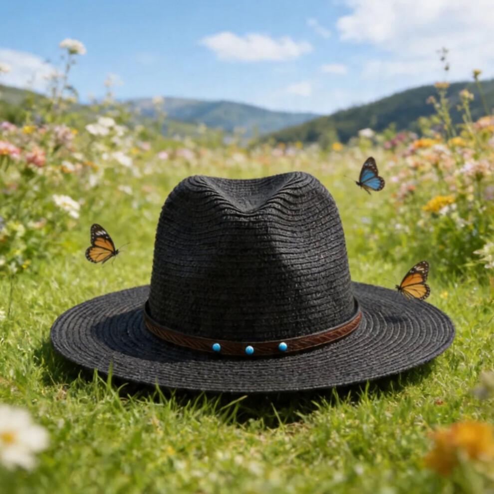 (One Size, Black) Men Straw Panama Hat, Wide Brim Sun Hat Lightweight Summer Top Hat for Outdoor Beach