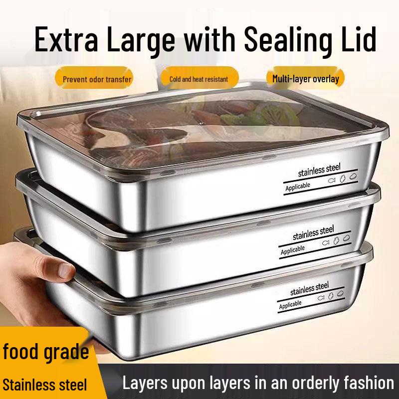Rectangular Stainless Steel Food Storage Picnic Box with Lid - Portable, Outdoor, Fresh-Keeping Container and Hot Pot for Students.