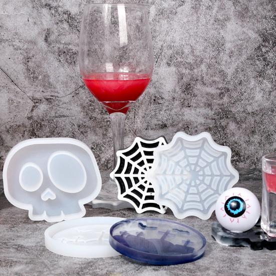 Halloween Coaster Resin Mold Skull Spider Web Tombstone Shape DIY Craft Epoxy Resin Casting Silicone Candle Cup Holder Candle Mould