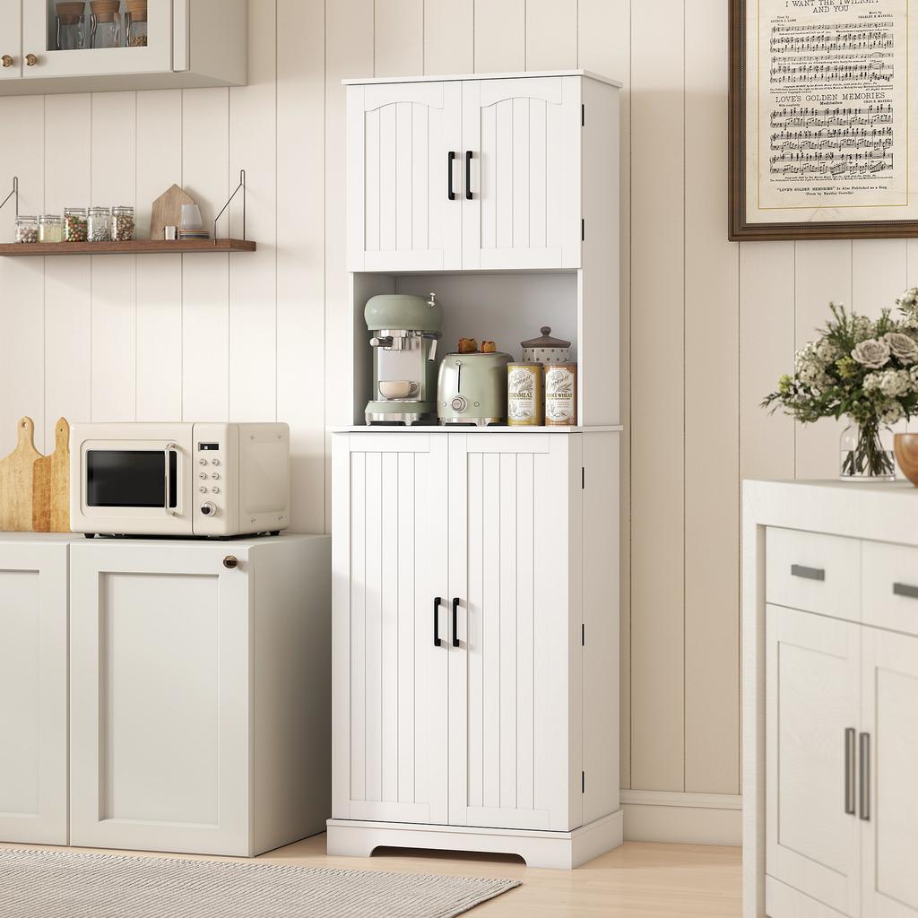Country Style Tall Kitchen Cabinet 2 Cupboards And 8 Spice Racks 60x40x181.5 Cm White