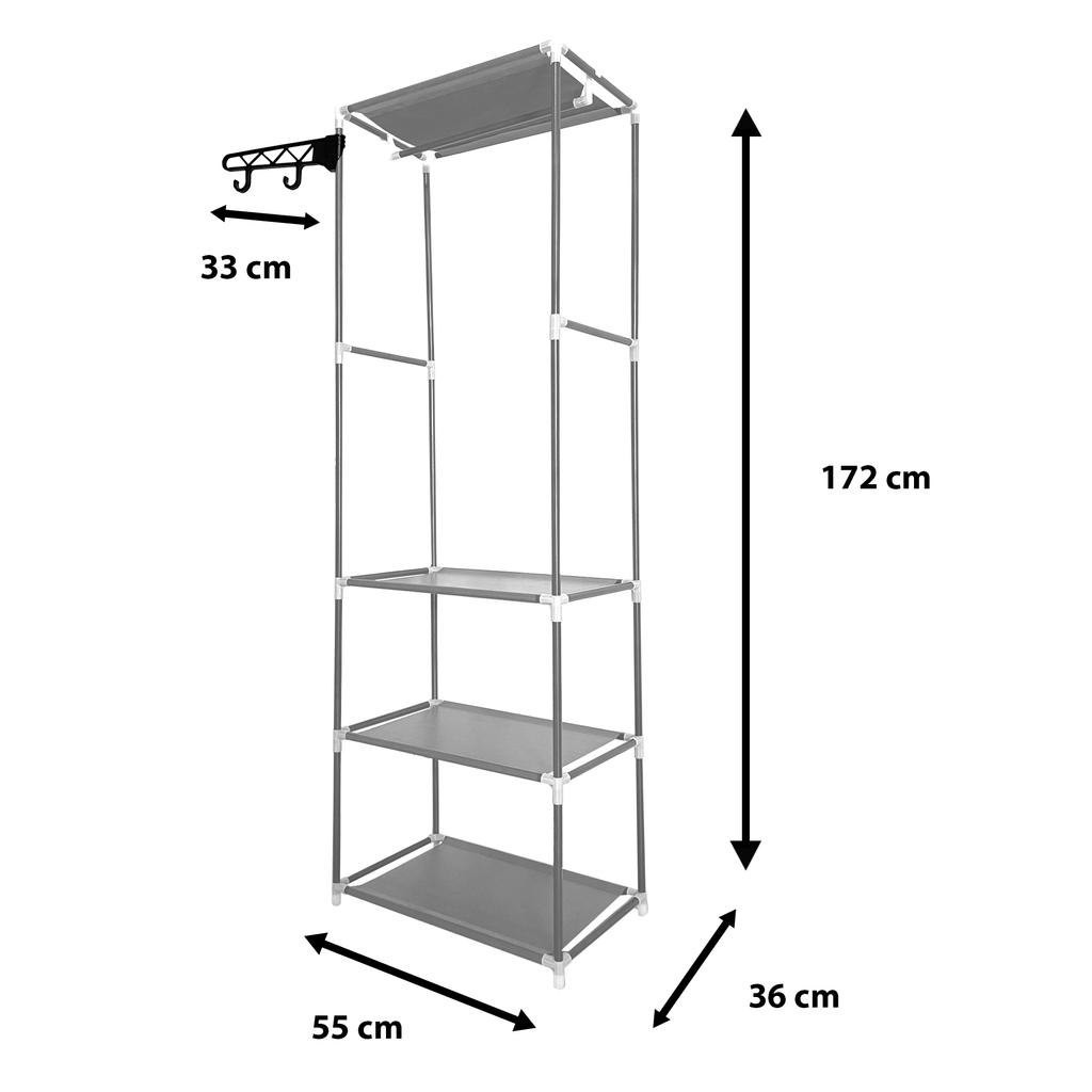 Nyana Home Static Dressing Wardrobe 170x55x35cm 3 Shelves 1 Top Bar 1 Side Hanger