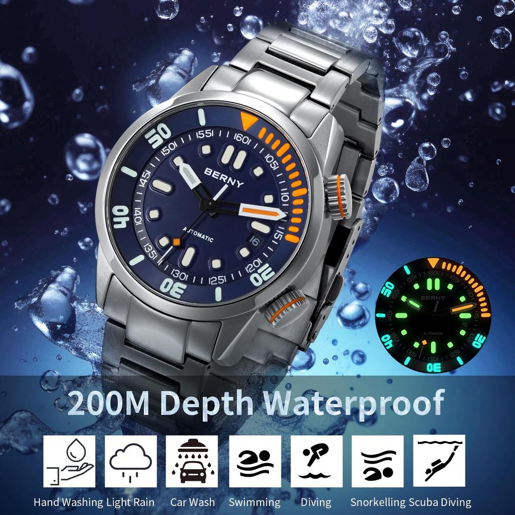 BERNY Watch Mechanical Watch Hand Wind Watch Automatic Watch 200m Diving Watch HV600 Hardness Sapphire Glass Durable Stainless Steel Band Ultra