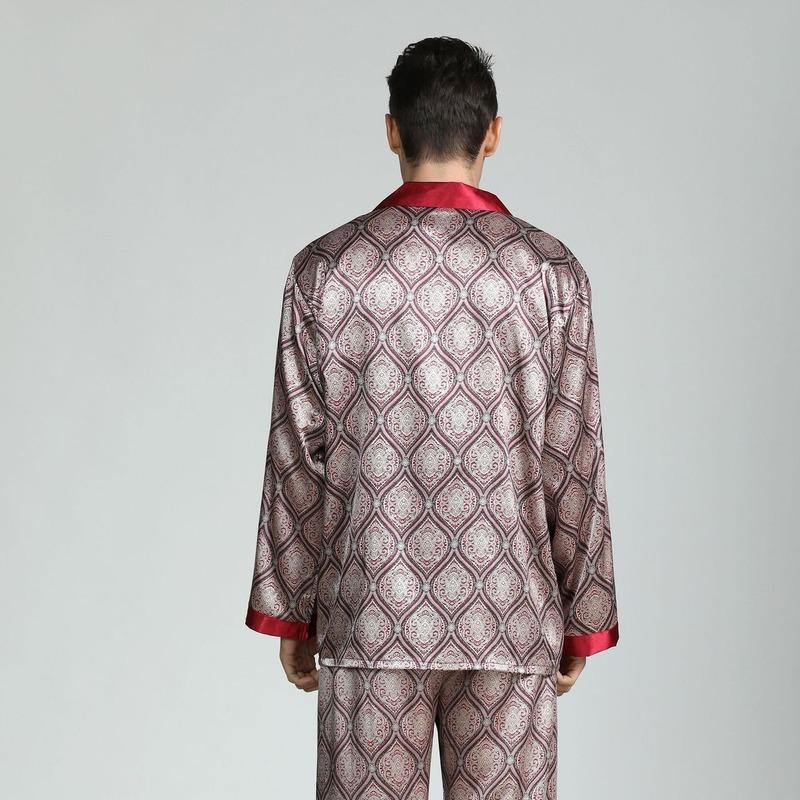 2025 Новый мужской шелковый атласный классический пижамный комплект с длинным рукавом и принтом Роскошный шелковый пижамный комплект для сна