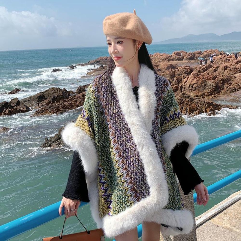 Этнический стиль большой меховой воротник шаль с женской дорожной одеждой осень и зима теплая вязаная куртка накидка шаль прилив