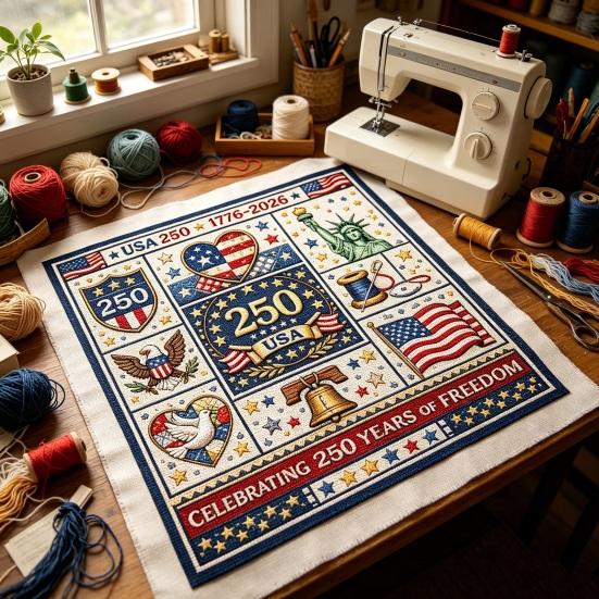 Segmented Embroidery Pattern 250th Anniversary Cross Stitch Kit, Independence Day Theme, Red White Blue Threads Patriotic Set, USA Patterns