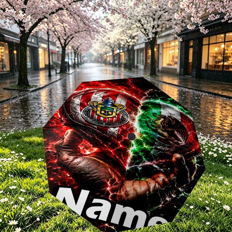 Custom Name Personalized Club Deportivo Guadalajara Print Umbrella, Auto Open Close, 8‑Rib Sturdy Frame, Commute Camping Hiking Use, Birthday Gift