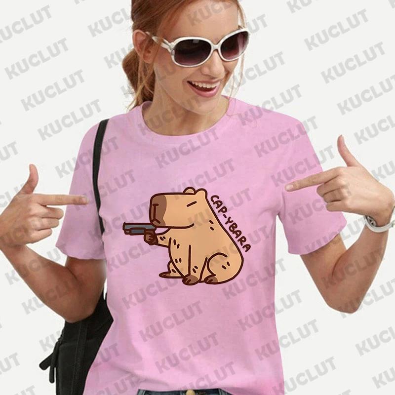 Cute Capybara Anime Women's T-shirt Casual Ulzzang Short Sleeve Tees Cartoon Graphic Y2K Tops Female Blouse Aesthetic Clothing