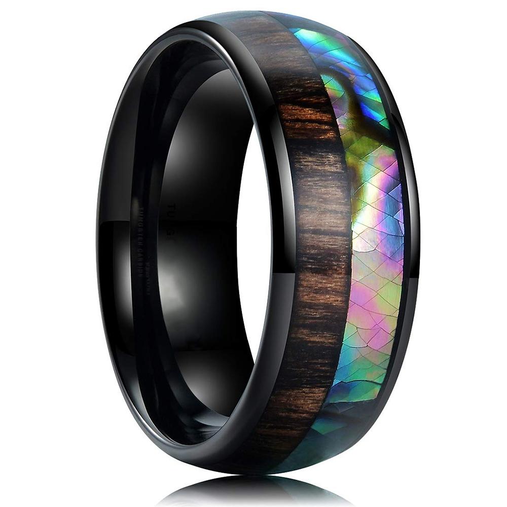 Trendy 8mm Black Tungsten Wedding Stainless Steel Rings For Men Inlay Colorful Abalone Shell Ring Men Wedding Band Jewelry