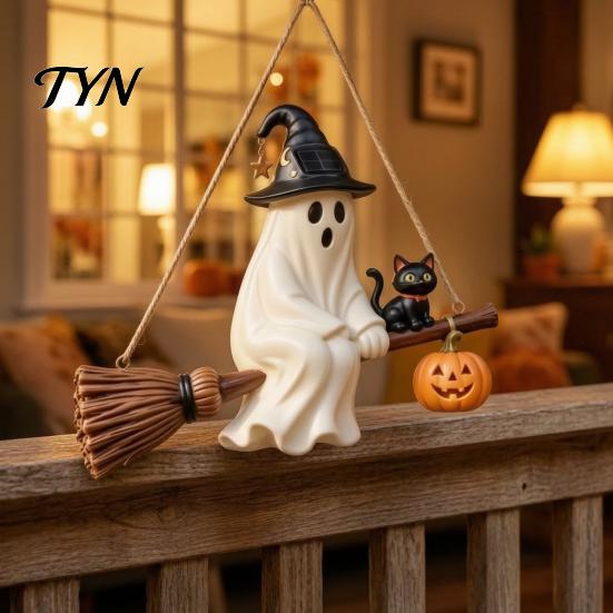 Solar Powered Ghost Lights Hanging Light, Halloween Resin Flying on Broom Ornament, Waterproof Outdoor Light Seasonal Atmosphere Decor Up Lamp,