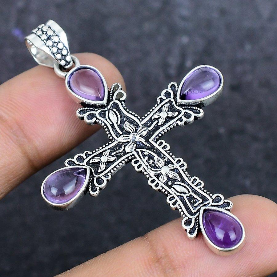 Natural Sage Amethyst Gemstone 925 Sterling Silver Jewelry Pendant 2.36" ETC-13930