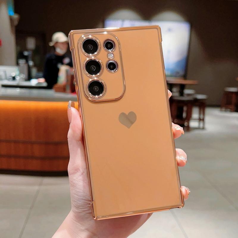 Solid Color Love Heart Print Slim Case For Samsung Galaxy S25 Ultra S24 FE S23 S22 S21 A16 A55 A15 A35 A25 A14 Plating TPU Soft Shockproof Phone Cover