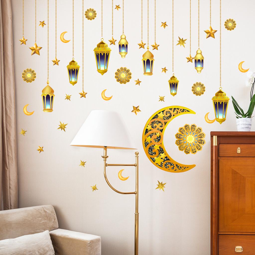 Ramadan Wall Stickers Moon Star Lantern Ornaments Wall Decals Ramadan Decoration For Home 2023 Islamic Muslim Mural Eid Mubarak