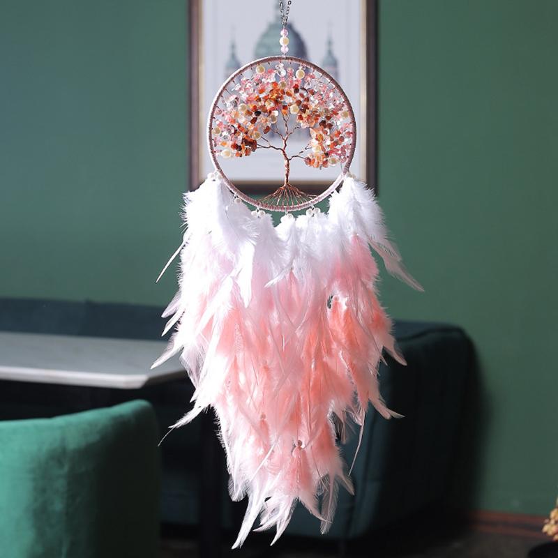Tree Of Life Dream Catcher Handmade Pink Gravel Wall Hangings Feather Craft Home Decor Wind Chimes Dreamcatchers Room Decorate Quality
