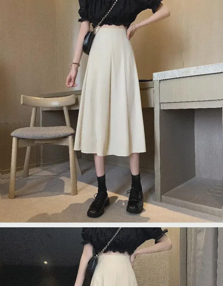 Women's High-Waist A-Line Skirt: Mid-Length, Solid Colors, Beige or Black, Year-Round Wear