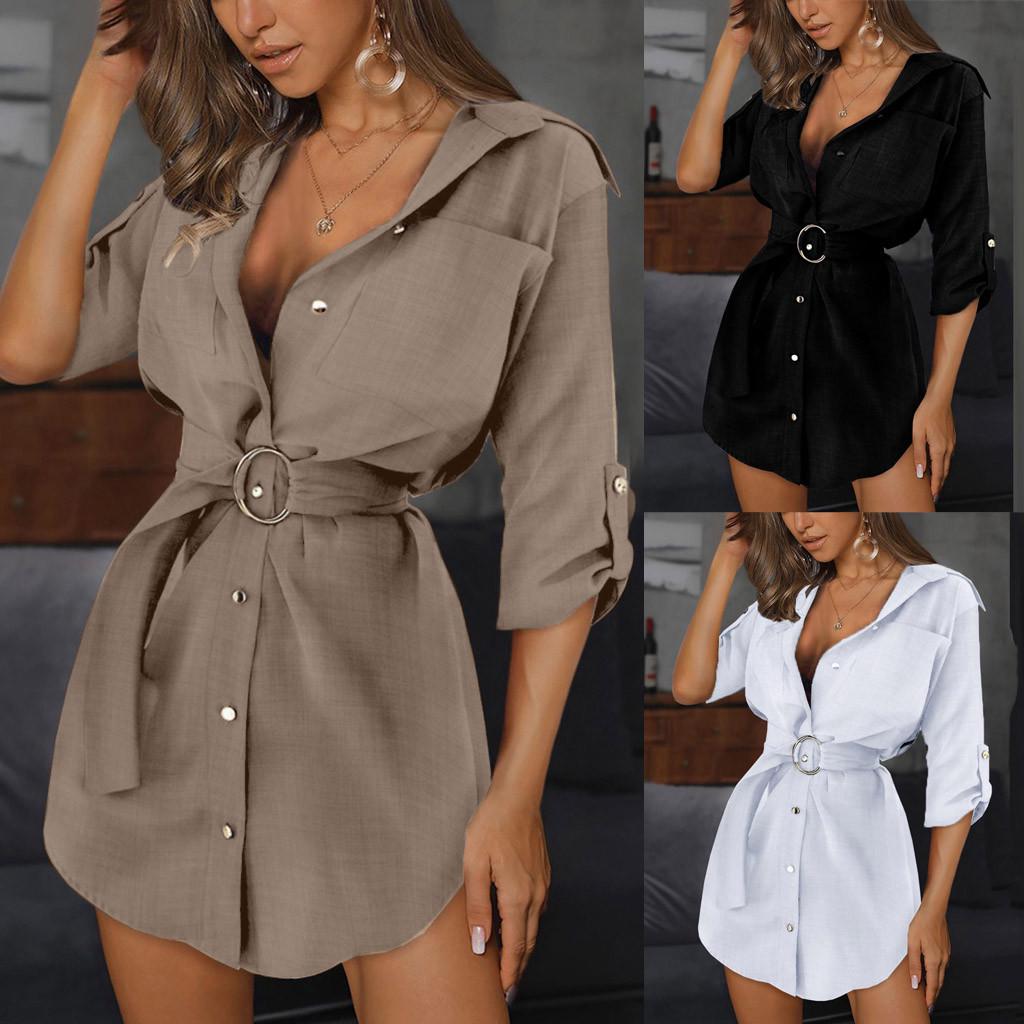 Nicki Women Autum Long Sleeve Mini Dress OL Belt Work Plain Shirt Blouse Tops