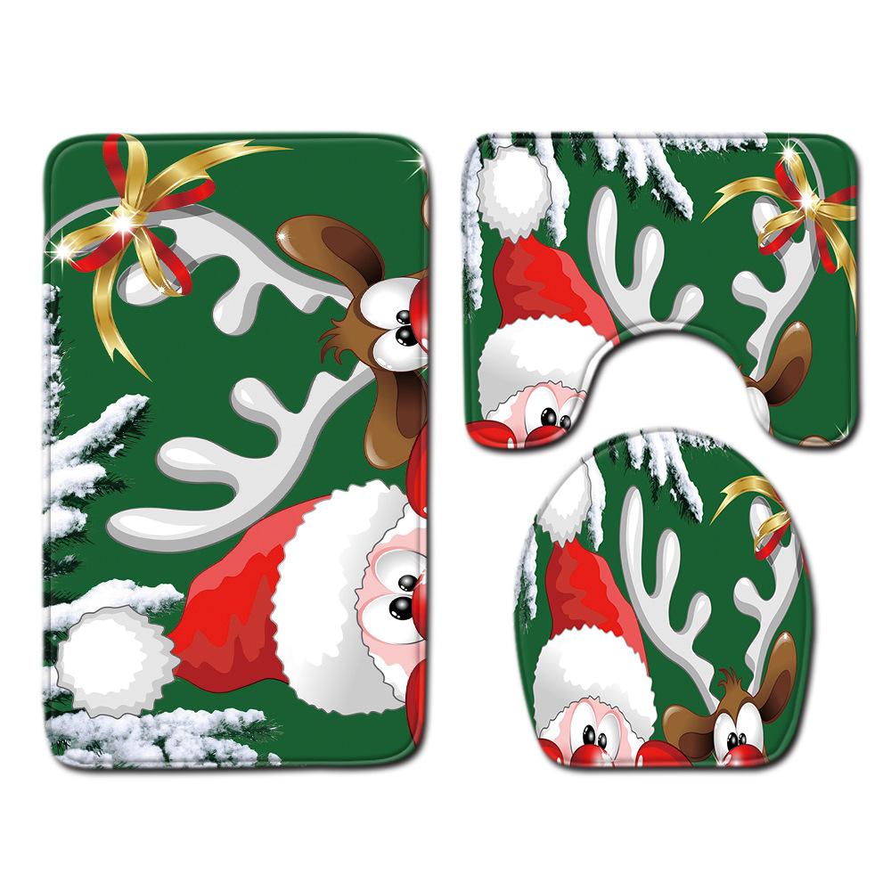Christmas Shower Curtain Floor Mat Combination Four-Piece Set Bathroom Toilet Carpet Shower Room Mat Foot Mat