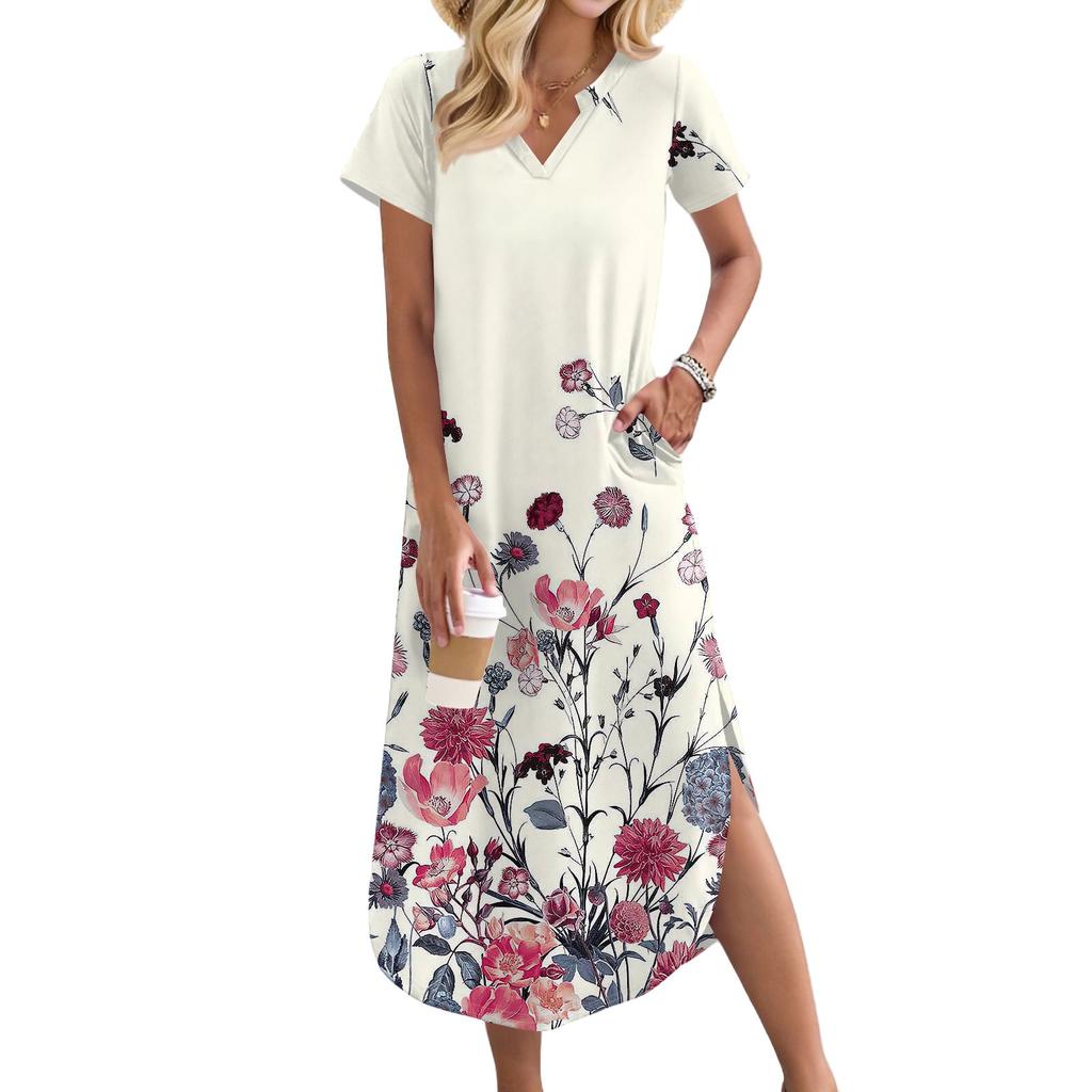 Women's Long Skirt Casual V-neck Long Shirt Dress Loose Slit Holiday Short Sleeve Dress