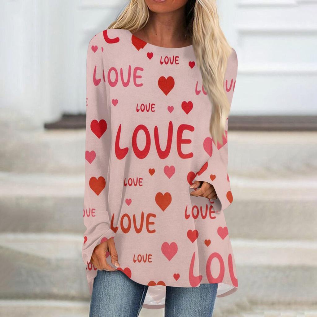 Женская мода повседневная блузка с длинным рукавом и принтом «Любовь ко Дню святого Валентина», круглый вырез, пуловер