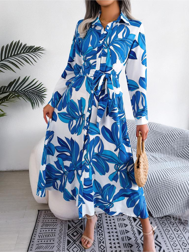 Turndown Collar Printing Button Dress High Waist Elegant Shirt Dress for Women Long Sleeve Loose Dresses Causal Dress